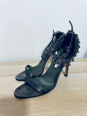 Manolo Blahnik Black Beaded Stiletto Sandals